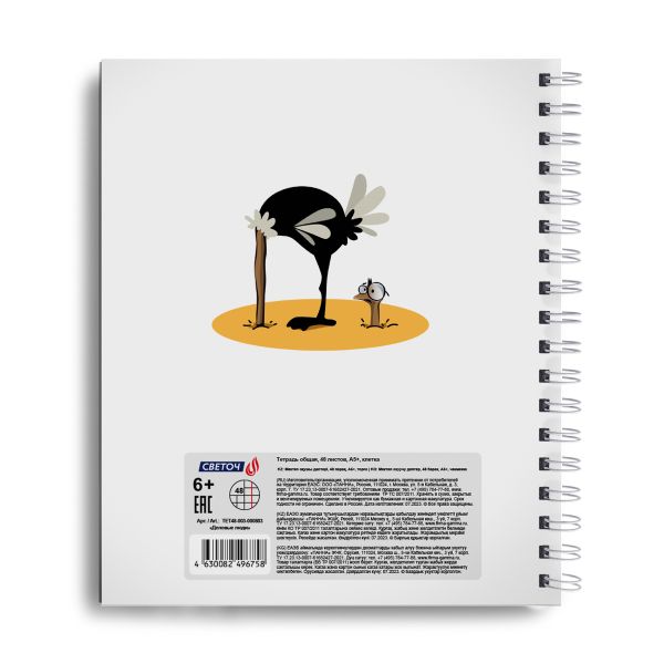 Тетрадь общая с запечатан. пластик. обложкой, 500 мкр, A5+ 48 л. на гребне 65 г/м², белизна 100%, 4 шт, клетка, 000803 Деловые люди, Светоч ТЕТ48-003