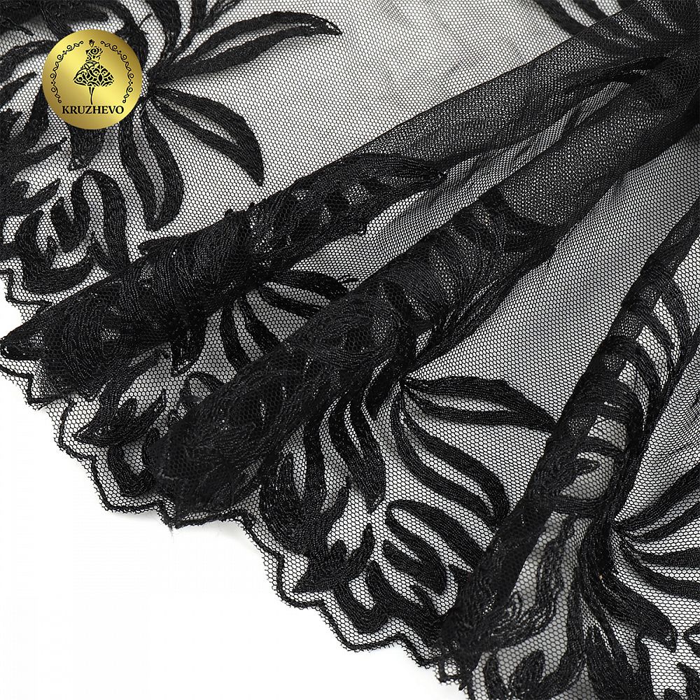 Кружево на сетке (вышитое) арт.T98 245мм цв.черный уп.7м, Kruzhevo