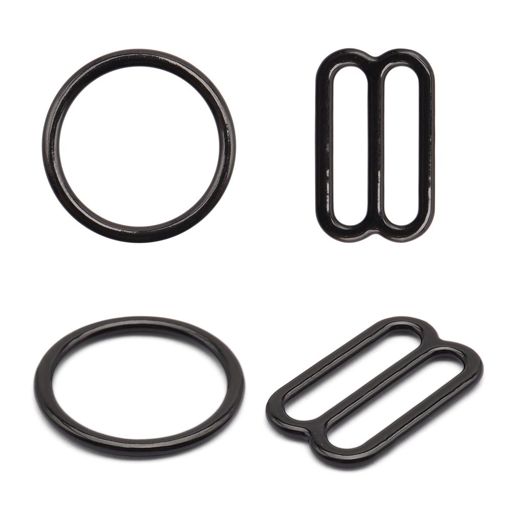 Набор кольца + регуляторы для бюстгальтеров металл 15 мм, (10 колец, 10 регул.), черный