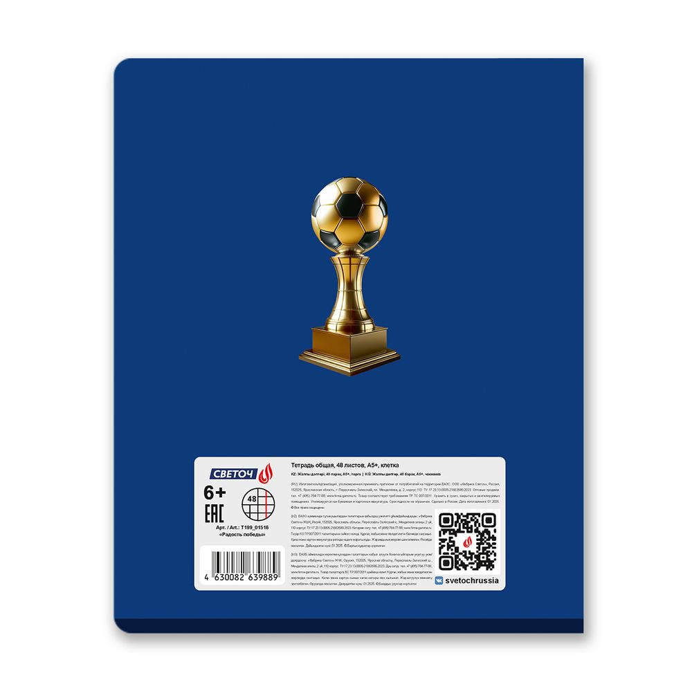 Тетрадь ученическая общая, тиснение золотой фольгой, A5 48 л. на скобе 65 г/м², белизна 100% 10 шт клетка, 01516 Радость победы, Светоч Т199