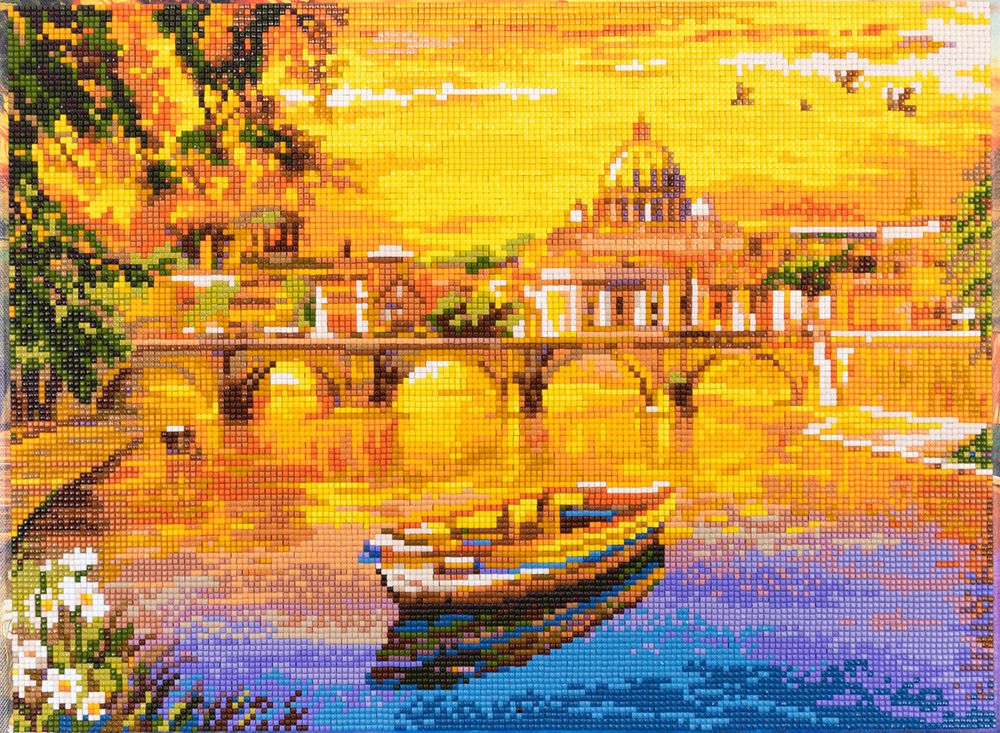 Алмазная (кристальная) мозаика Фрея, на подрамнике Лодка на закате, 40х30 см