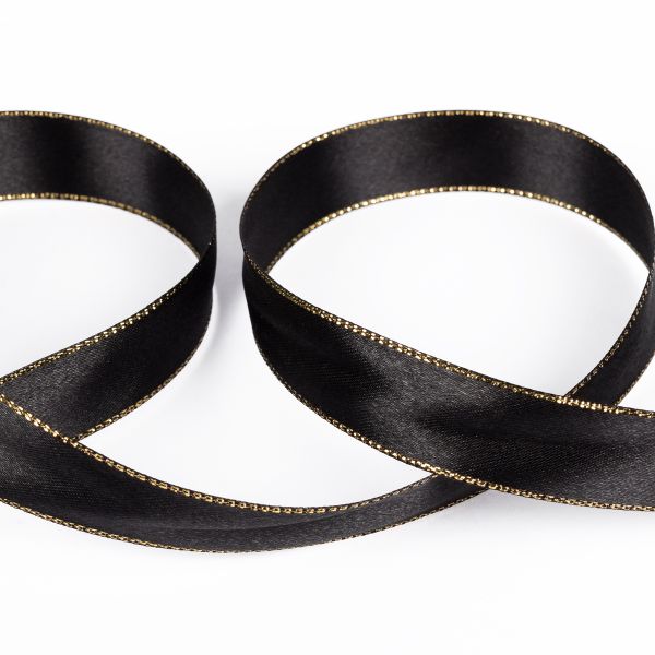 Лента атласная 2-сторонняя с метанитью 20.0 мм / 33±2 метра, 113 черный/золото, Gamma AL-20M