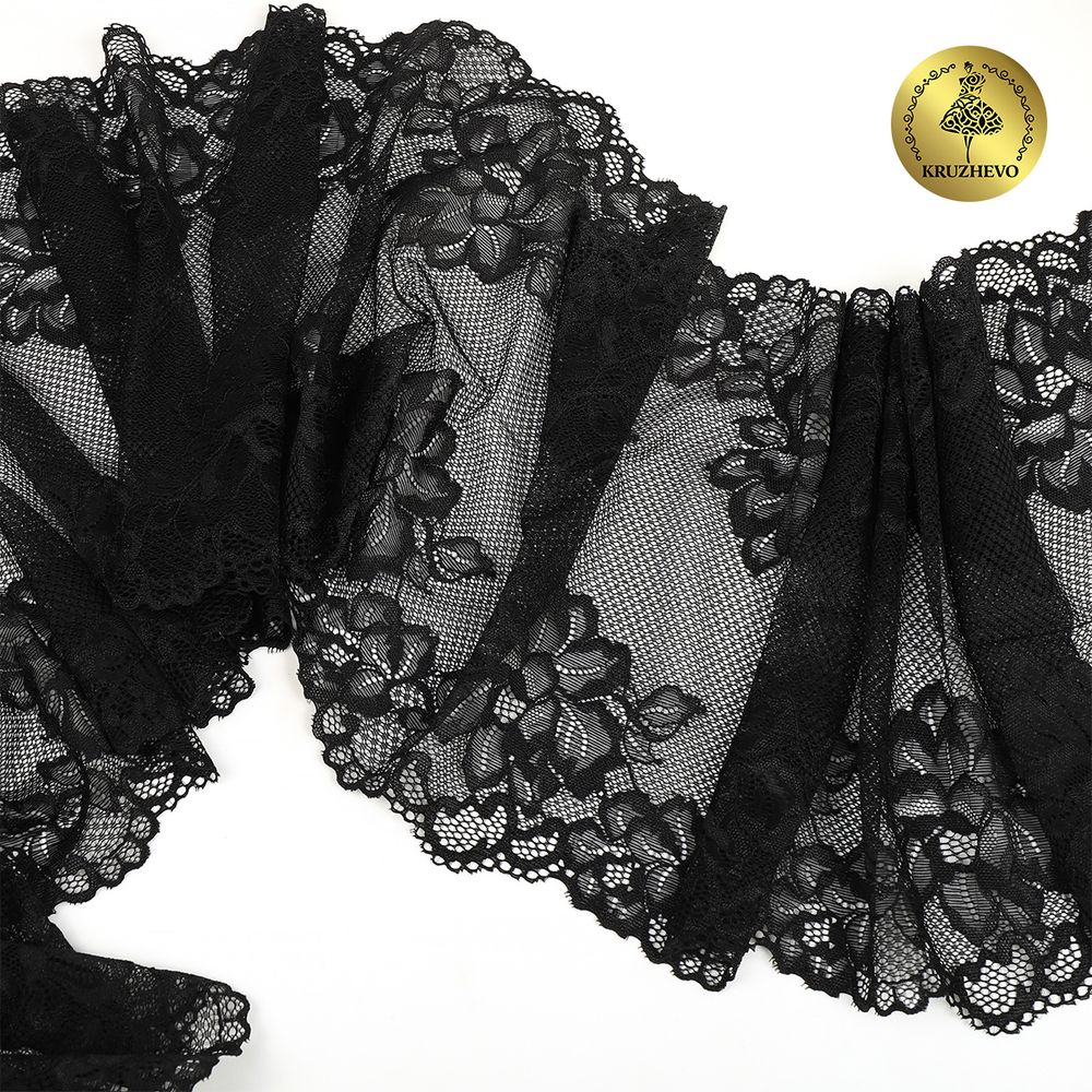 Кружево бельевое эластичное Kruzhevo 245 мм / 10 м, 6333, цв.02 черный /TOS/
