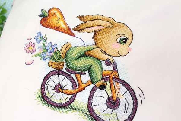 Набор для вышивания нитками МП Студия (Жар-птица), вышивка на одежде Зайчик-велосипедист, 13х15 см