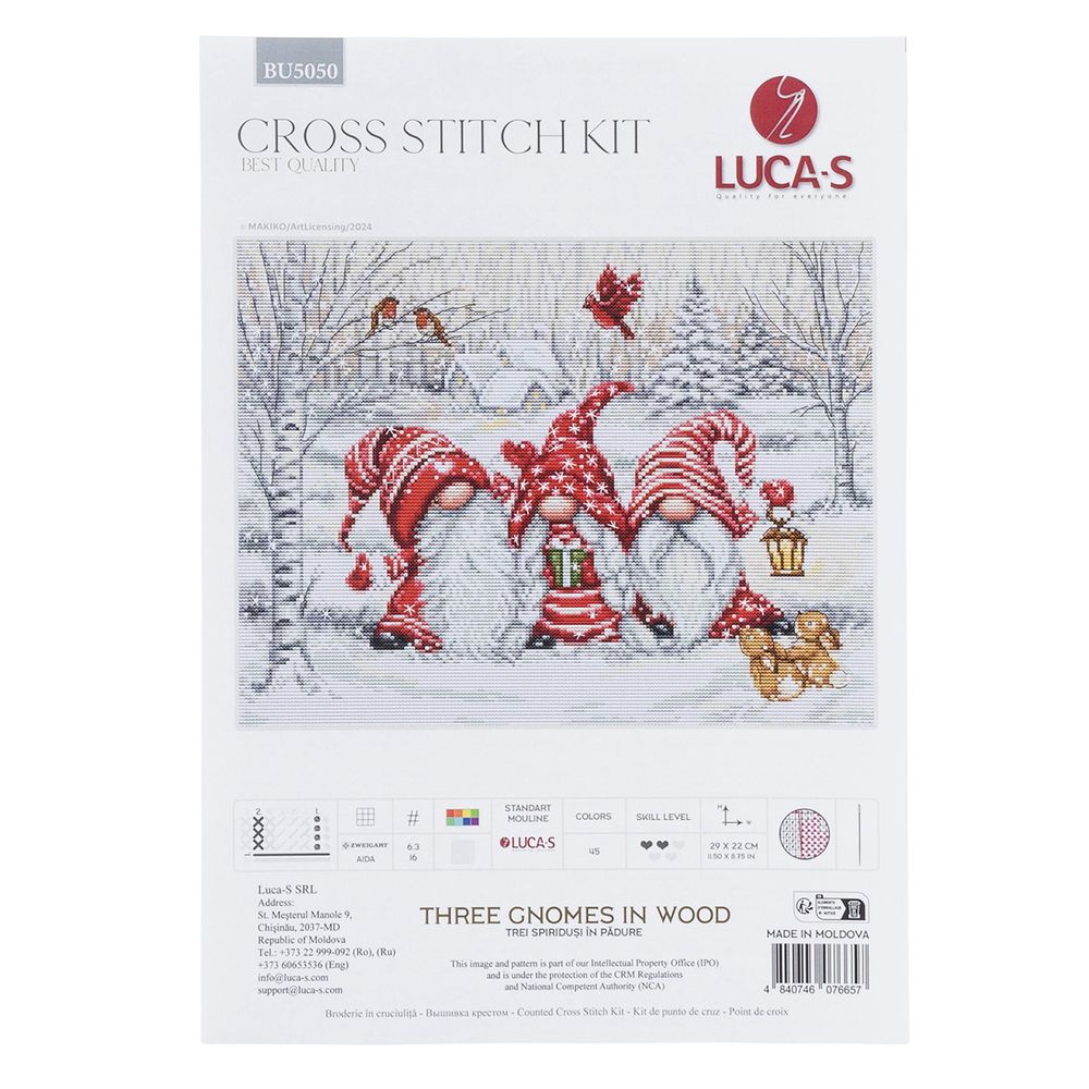 Набор для вышивания нитками Luca-S, Три гнома в лесу, 29х22см