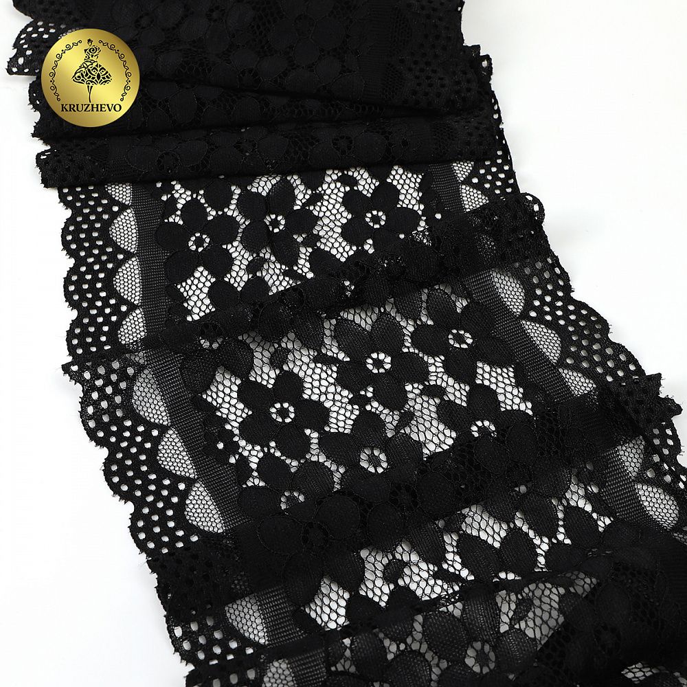 Кружево бельевое эластичное 180 мм / 10 м, цв.2 черный, Kruzhevo