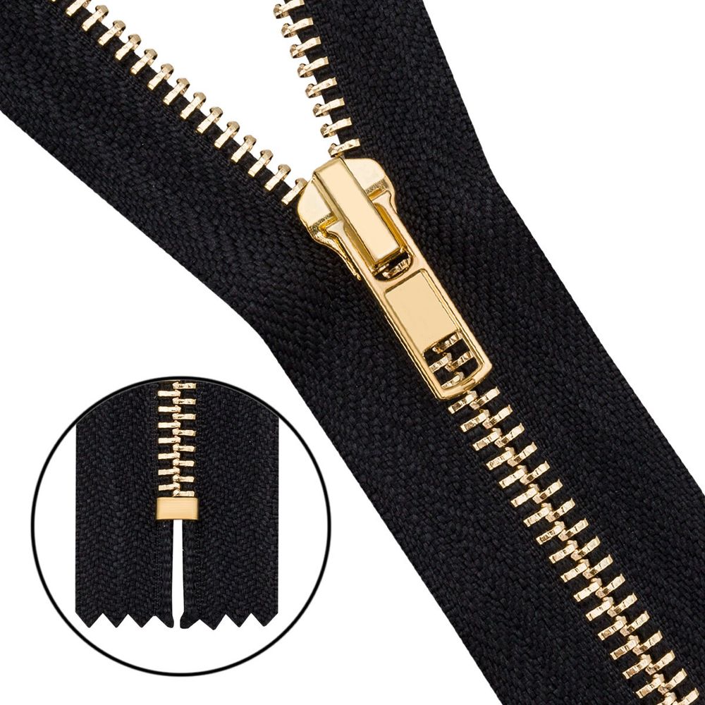 Молния металл джинсовая Т5 (5 мм) 1 зам., н/раз., 14 см, золото, 580 черный, 6534-0237, 10 шт
