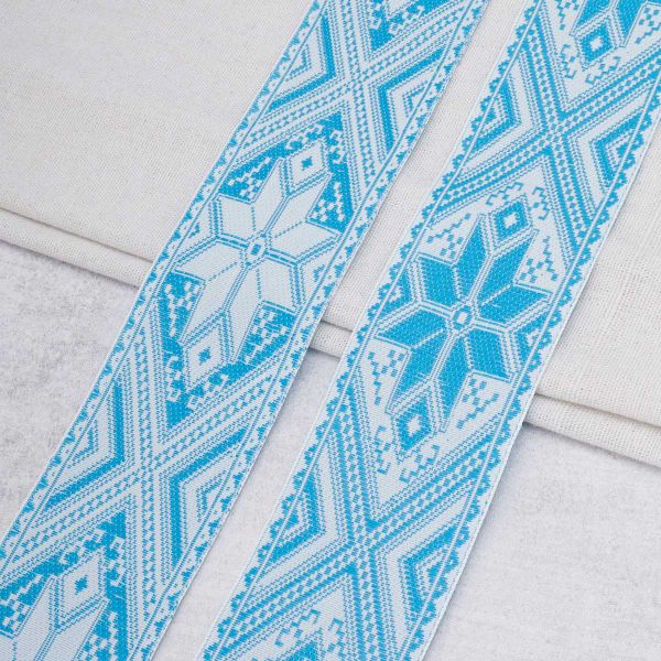 Лента (тесьма) жаккардовая 50.0 мм / 25 метров, Славянский орнамент Оберег, рис.9466, белый / голубой, С3775Г17