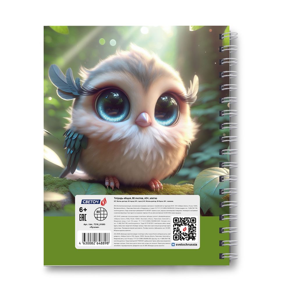 Тетрадь общая с твердой обложкой, матовая ламинация + выборочный лак A5 80 л. на гребне 65 г/м², белизна 100% 4 шт клетка, 01565 Пухлик, Светоч Т216