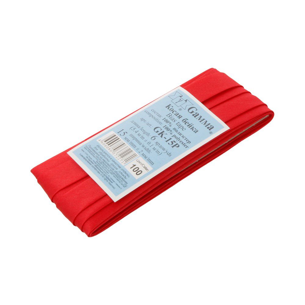 Косая бейка атласная 15 мм / 5 шт по 5.4 метра, №100 красный, Gamma GK-15P