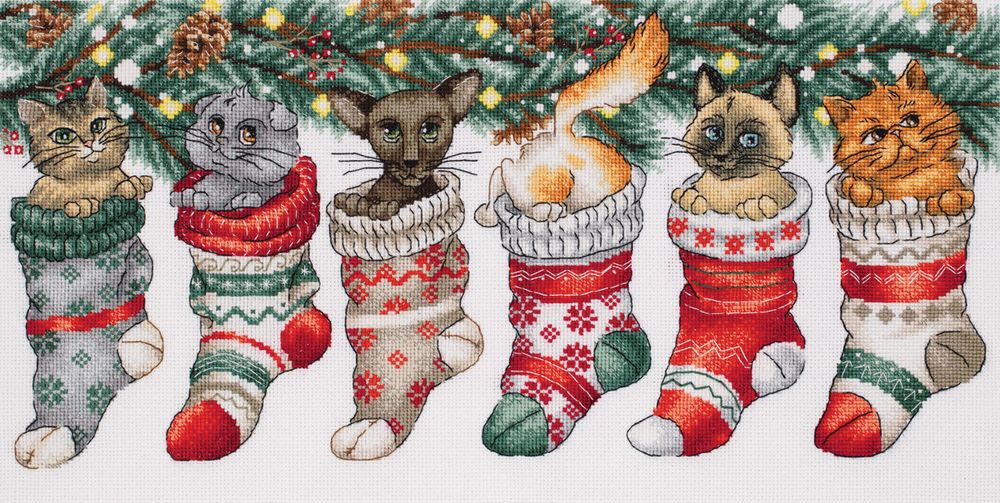 Набор для вышивания нитками Panna, Новогодние котики, 37х19.5 см