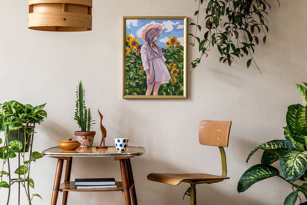 Картина по номерам Фрея, Аниме-девочка в подсолнухах, 40х30 см