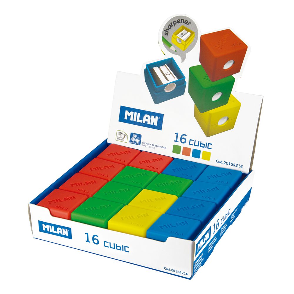Точилка пластиковая Cubic 1 отверстие 16 шт, ассорти, Milan 20154216