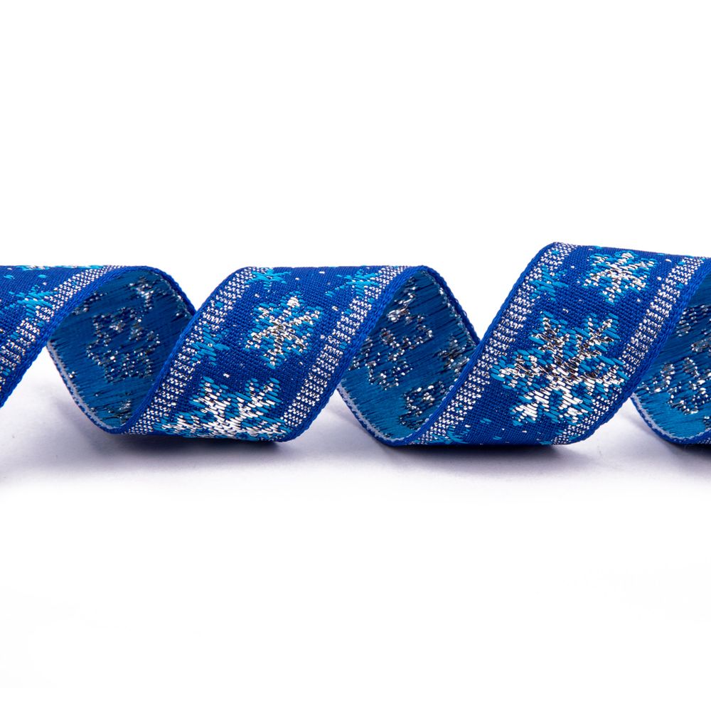 Лента (тесьма) жаккардовая 23.0 мм мм / 25±1 метров, рис. 8887В, лента, Снежинка, синий/голубой/серебро, Blitz С1857 рис. 8887В