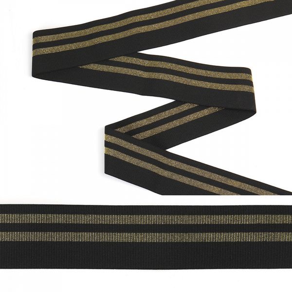 Резинка декоративная в рубчик с двумя полосками 50.0 мм / 1.5±0.5 метра, RDG.250101GB, черный/золото