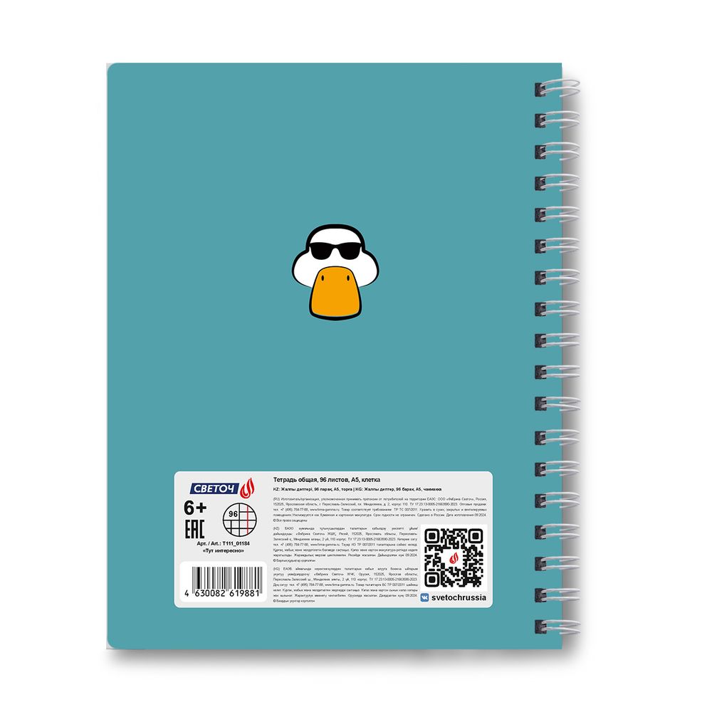 Тетрадь ученическая общая, A5 96 л. на гребне 60 г/м², белизна 90 %, 4 шт, клетка, 01184 МИКС - Тут интересно, Светоч Т111