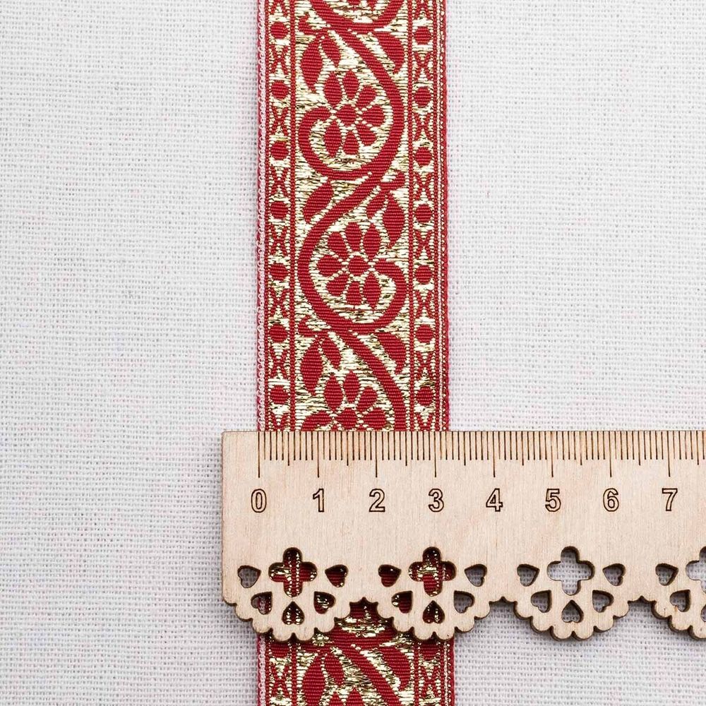 Лента (тесьма) жаккардовая 32.0 мм / 25±1 метров, с метанитом рис. 9819, красный/золото, С3104Г17