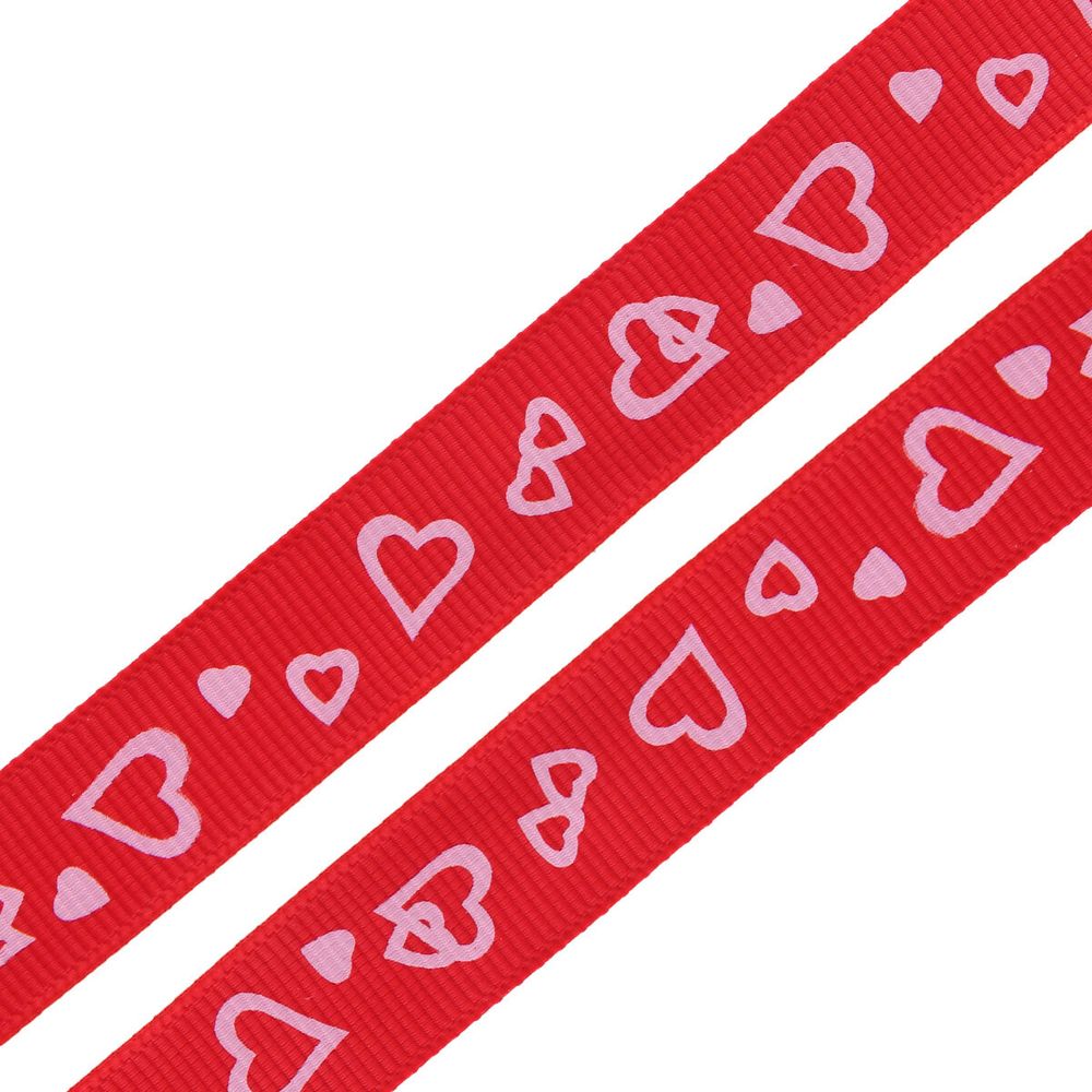 Лента репсовая (в рубчик) Сердечки, 15 мм, 3м, красный