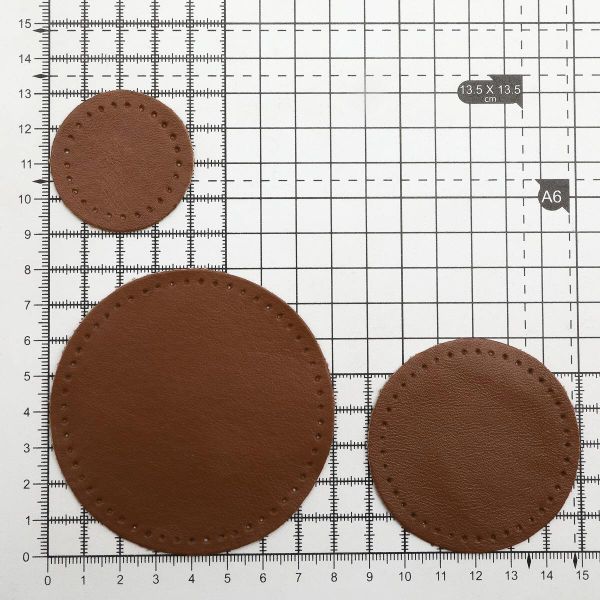Набор заплаток пришивных из кожи, круг ⌀4см, 6см и 8см, с перфорацией, 3 шт, 100% кожа (02 светло-коричневый), 9401