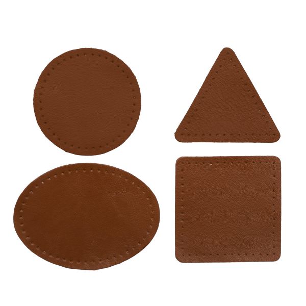 Набор заплаток пришивных из кожи, круг, квадрат, треугольник, овал 6см, с перфорацией, 4 шт (02 светло-коричневый), 9723
