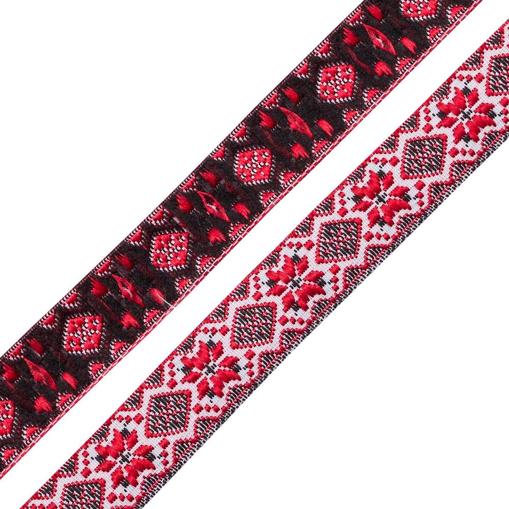 Лента (тесьма) жаккардовая 15.0 мм / 18.29±1 метров, белый, красный, с06418
