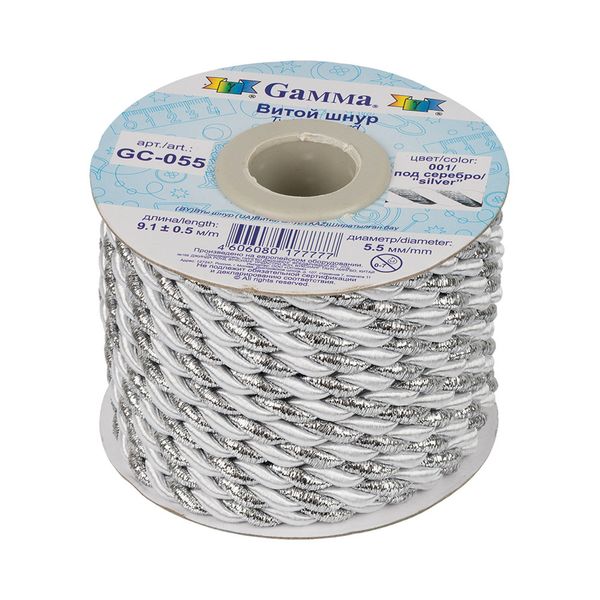 Шнур витой ⌀5.5 мм, 9.1 м, 001/серебро белый, Gamma GC-055