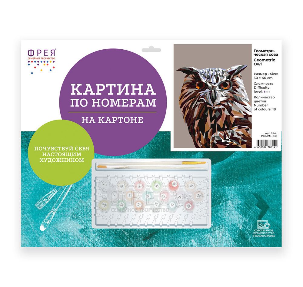 Картина по номерам Фрея, на картоне Геометрическая сова, 40х30 см