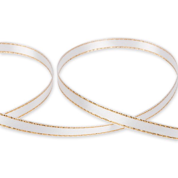 Лента атласная 2-сторонняя с метанитью 6.0 мм / 33±2 метра, №001белый/золото, Gamma AL-6M