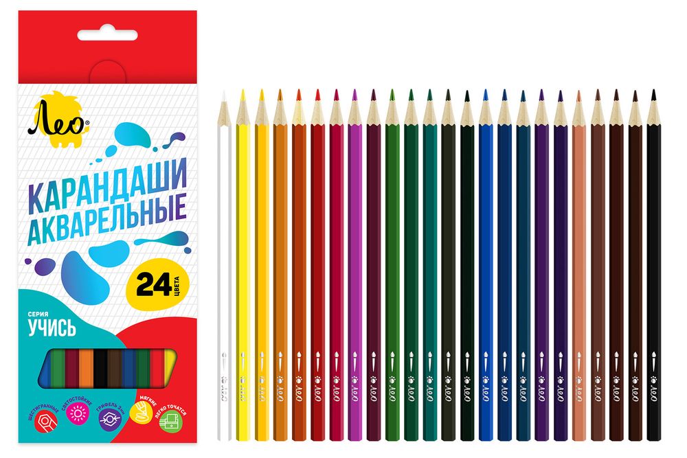 Карандаш акварельный в наборе заточенный 4х24 цв, Лео LNSWP-24