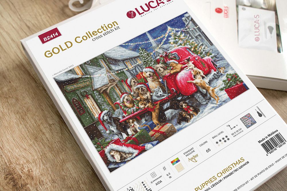 Набор для вышивания нитками Luca-S, Рождество щенков 50х35 см
