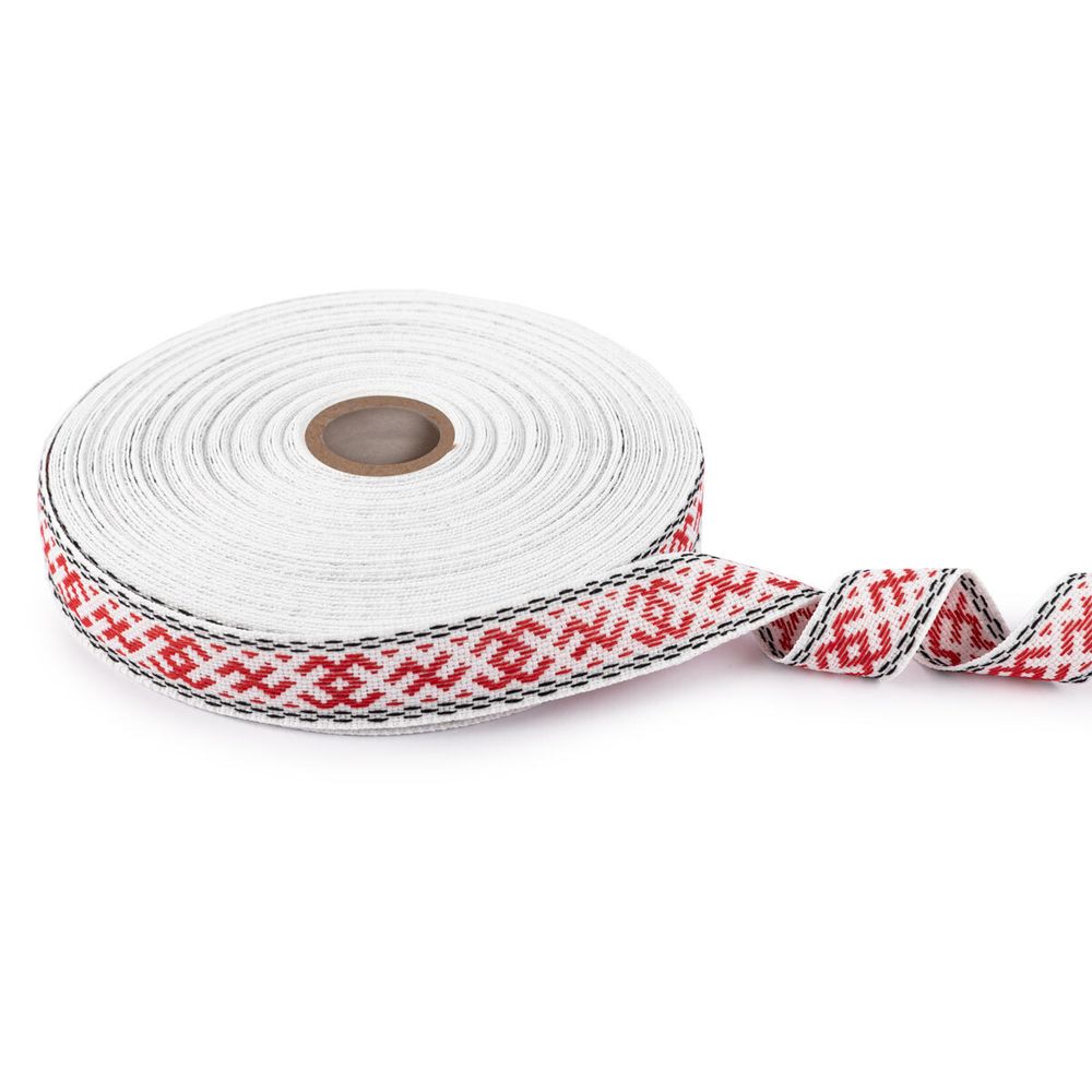 Лента (тесьма) жаккардовая 24.0 мм / 25±1 метров, Орнамент для северных народов, рис 9872 №3 бел/красн/черный, Gamma C3885