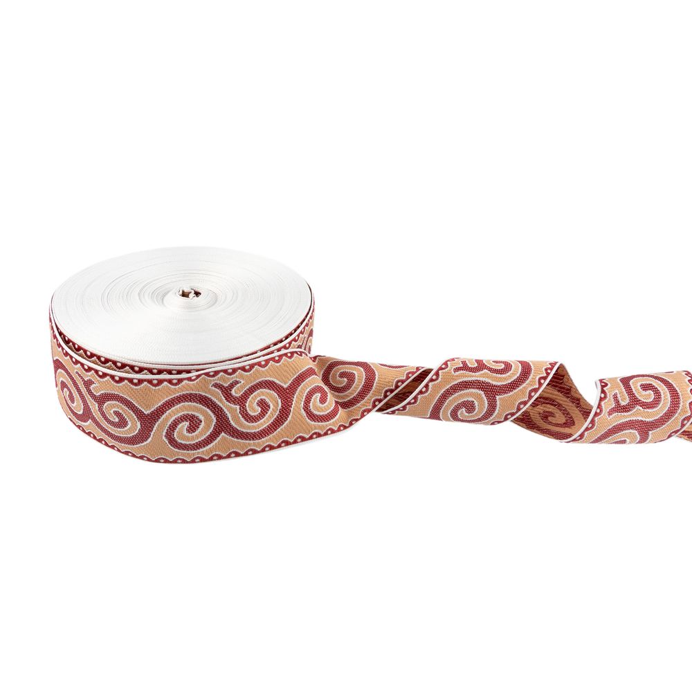 Лента (тесьма) жаккардовая 50.0 мм / 25 метров, Орнамент для северных народов, рис 9605 белый/бордовый/ч.роза, Gamma С3775