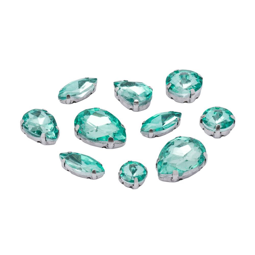 Хрустальные стразы в металлических цапах, форма страз: МИКС, бирюзовый, 10 шт, МФ-34