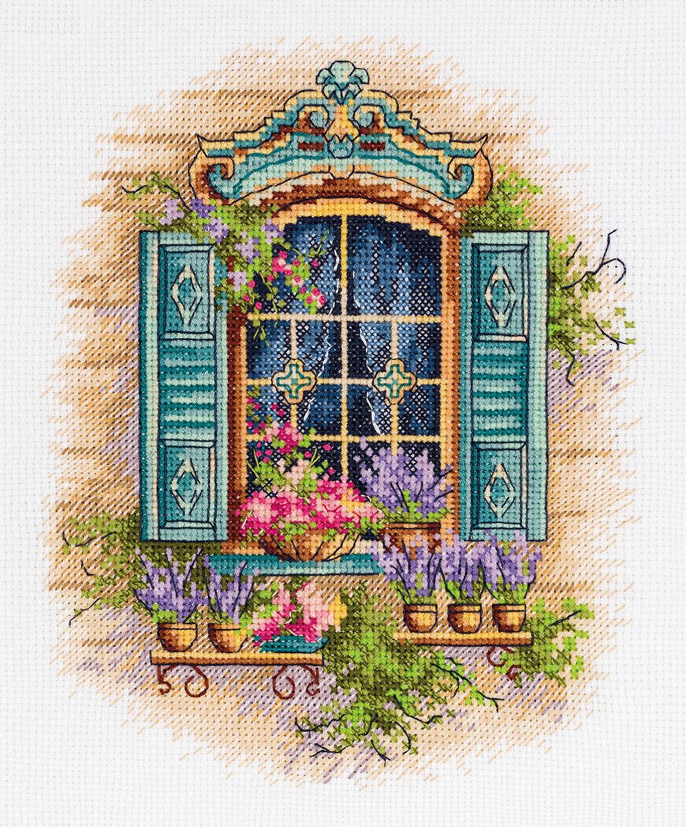 Набор для вышивания нитками Panna DE-7433, Окно с цветами, 18х21 см
