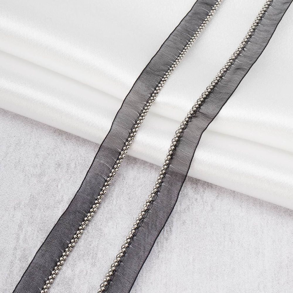 Кант декоративный на сетке с металлическими бусинами 10 мм / 41.14 метров, черный/серебро, 3Al289