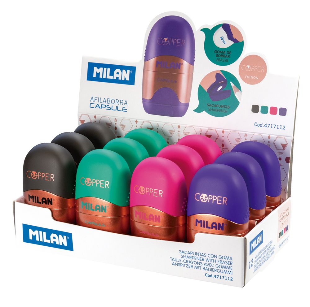 Ластик-точилка Capsule Cooper 1 отверстие 12 шт, ассорти 4717112, Milan