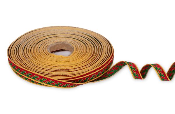 Лента (тесьма) жаккардовая 10.0 мм / 25±1 метров, Орнамент для северных народов, рис 9629 желто-красно-зеленый(9), Gamma C3853 (C3752)