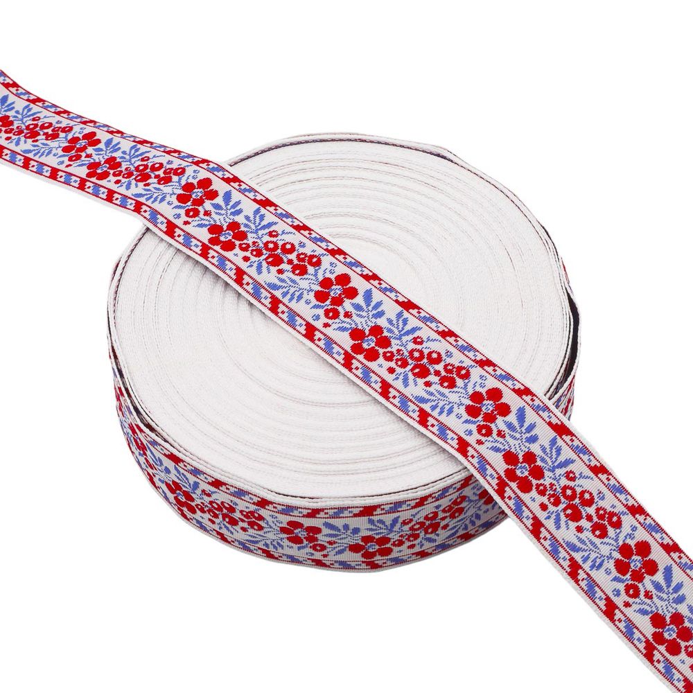 Лента (тесьма) жаккардовая 32.0 мм / 25±1 метров, рис. 9448 Калинка, (11 красный/голубой на белом) С1853Г17