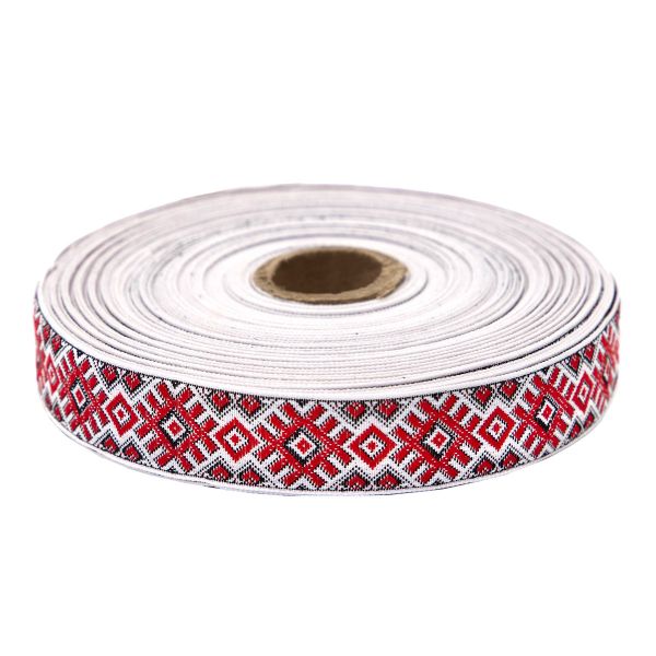 Лента (тесьма) жаккардовая 24.0 мм / 25±1 метров, рис. 9474, С1852Г17 (С3772Г17) белый/красный