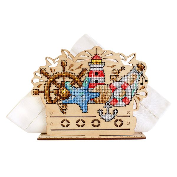 Набор для вышивания нитками МП Студия, на дереве Салфетница. Морские сокровища 12х15х5 см