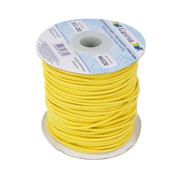 Резинка шляпная (шнур эластичный) ⌀2.0 мм / 50 метров, 020 желтый, Gamma EC-20