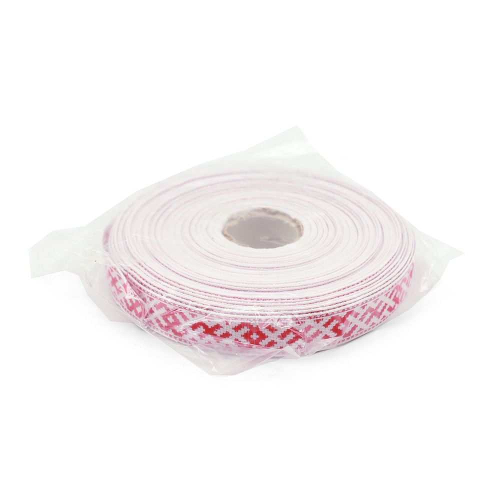 Лента (тесьма) жаккардовая 18.0 мм / 25±1 метров, Славянский орнамент Оберег, рис. 9711 (01 белый/красный) С3771Г17