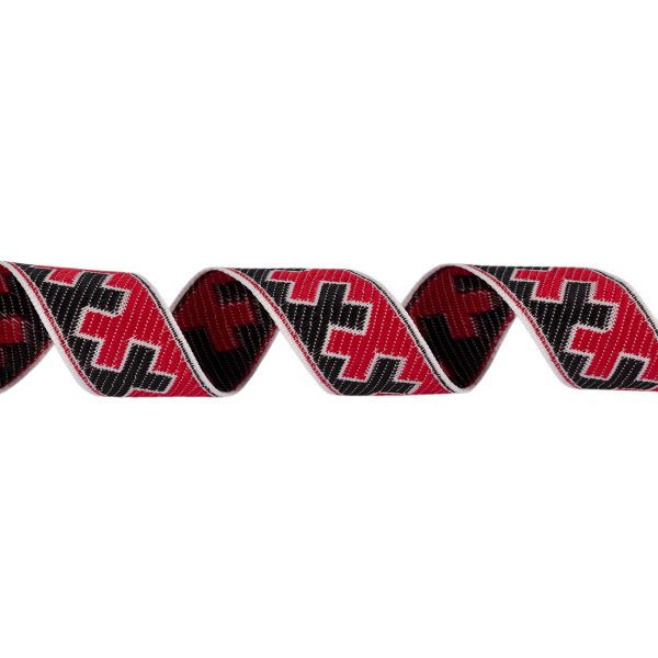 Лента (тесьма) жаккардовая 24.0 мм / 25±1 метров, рис.9591, Орнаменты и узоры народов севера, белый-красный-черный, Gamma С3772Г17 рис.9591