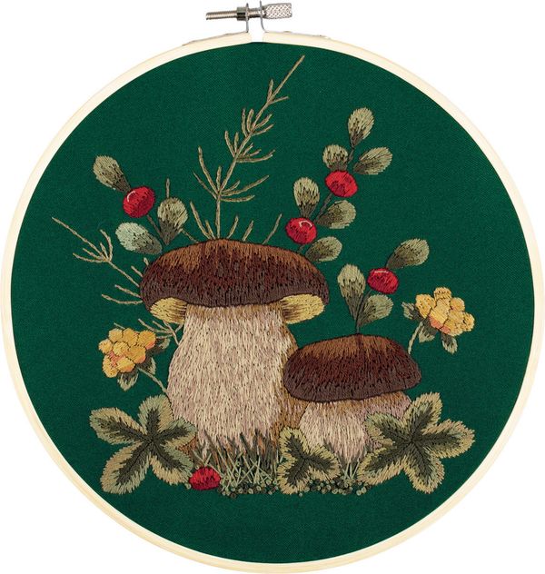 Набор для вышивания нитками Panna, Живая картина Грибы. Белые, 20.5х20.5 см