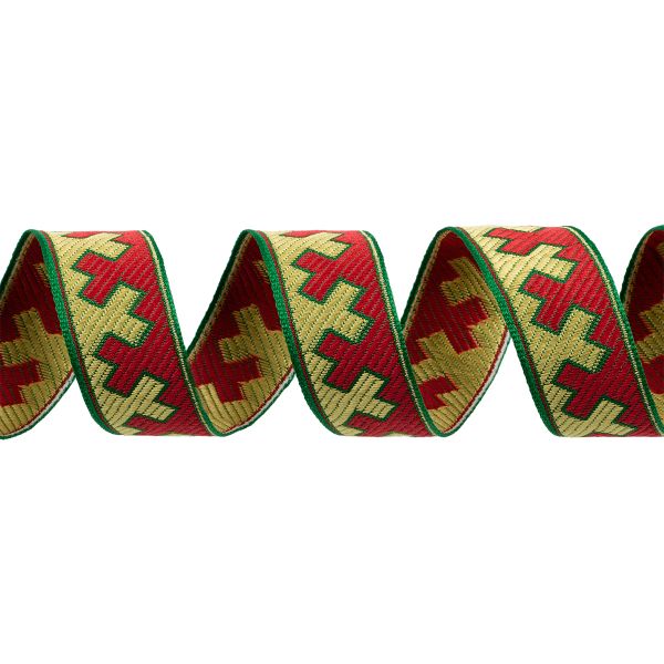 Лента (тесьма) жаккардовая 24.0 мм / 25±1 метров, рис.9591, Орнаменты и узоры народов севера, зеленый-красный-желтый, Gamma С3772Г17 рис.9591