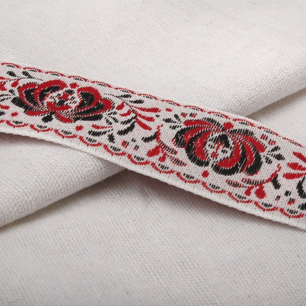 Лента (тесьма) жаккардовая 32.0 мм / 25±1 метров, рис. 9581 Гжель, (2 белый/красный/черный) С1853Г17