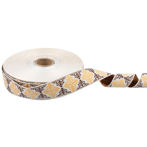 Лента (тесьма) жаккардовая 32.0 мм / 25 метров, Орнамент для северных народов, рис 9788 белый-коричневый-чайная роза, Gamma С3774