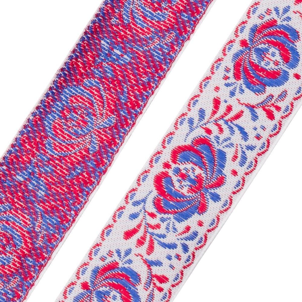 Лента (тесьма) жаккардовая 32.0 мм / 25±1 метров, рис. 9581 Гжель, (3 белый/красный/синий) С1853Г17