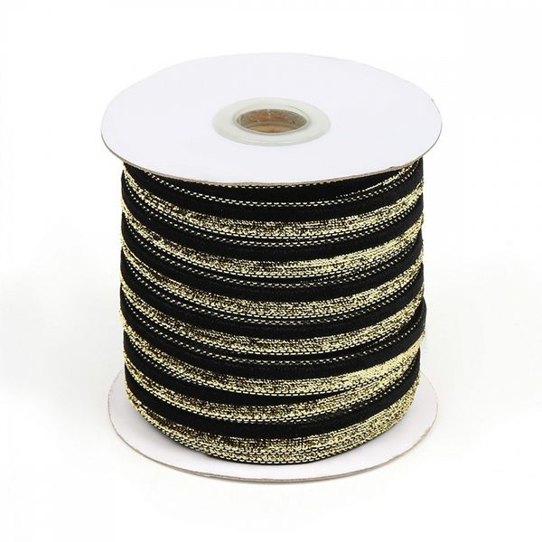 Лента бархатная (тесьма) 10.0 мм / 30 метров, нейлон, черный-золото, уп. 30 м, M10006