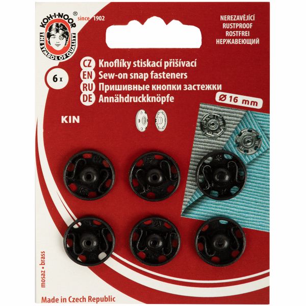 Кнопка пришивная металл ⌀16.0 мм, 6 шт, черный, KOH-I-NOOR 10 (KIN1000 №6)